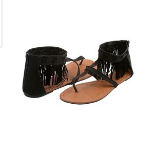 Sz 9/10 Womens Black Fringe Sandal